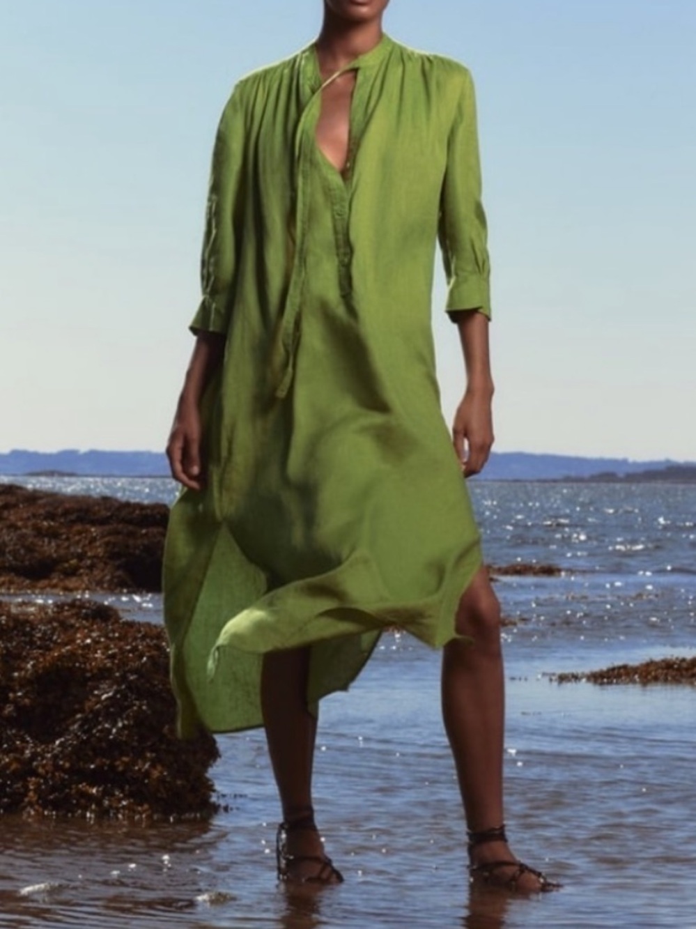 ZARA Linen Tie Neck Shirt Dress